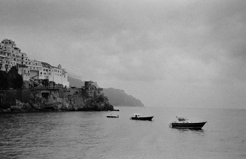 Boats on the Amalfi Coast shot on Agfa APX 400 with a Olympus Stylus 120, developed at Ars Imago, by Mustafa Tikiwala