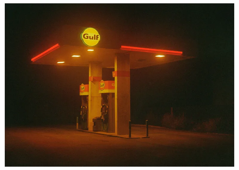 Gulf Station shot on Lomography Redscale XR 50-200 with a Contax G1, developed at Pro Camera, by Leland