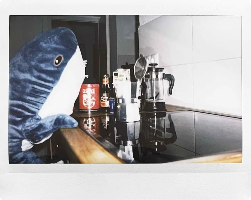 Blahaj preparing the morning coffee shot on Fujifilm Instax Wide with a Fujifilm Instax Wide 300, by Nathan