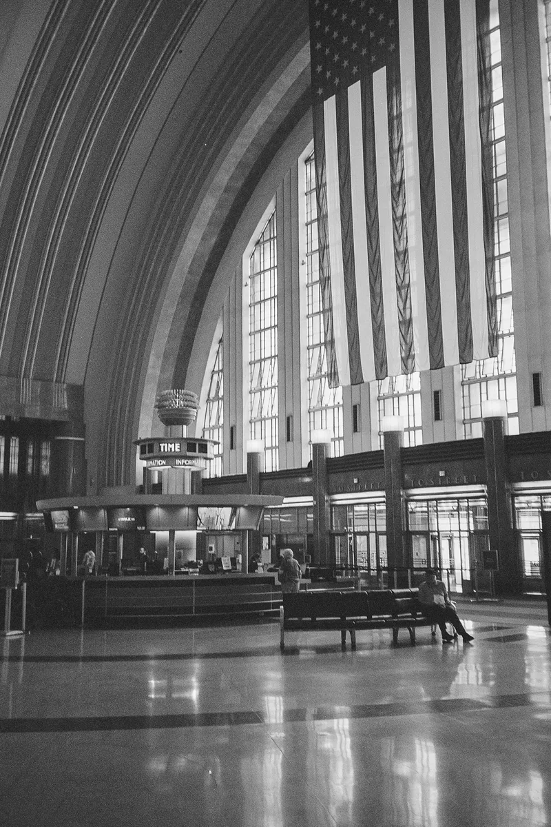 Union Terminal Flag shot on Ilford XP2 Super 400 with a Olympus XA3, developed at Legacy Film Lab, by Clint