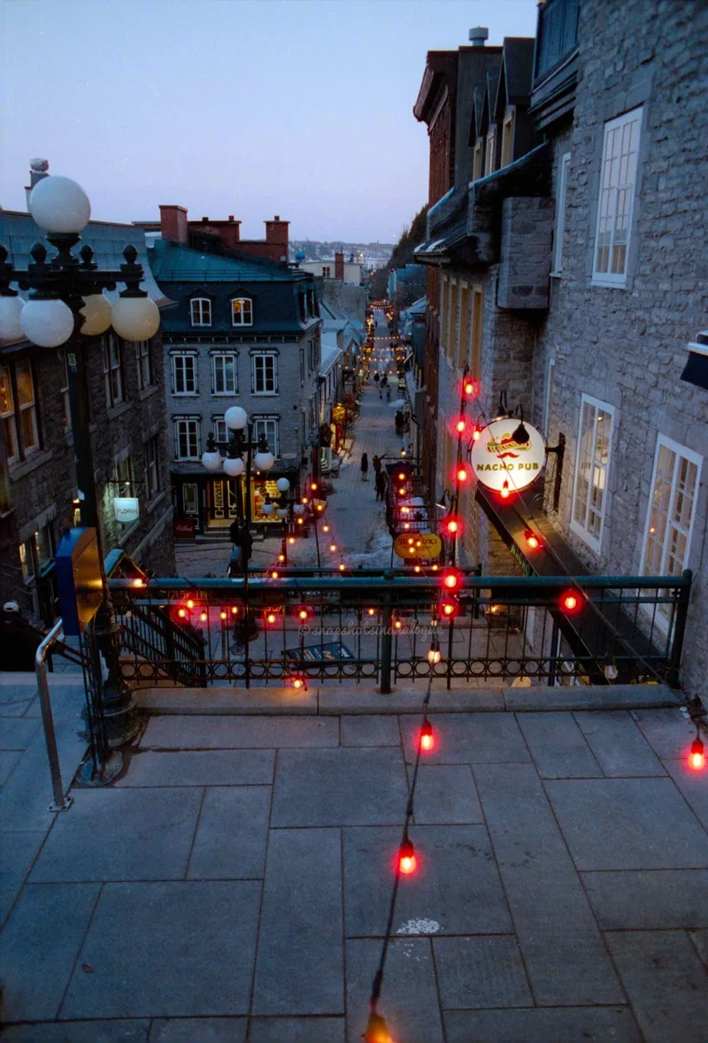 Rue du Petit Champlain Lights shot on Cinestill 800T with a Nikon F3 HP, developed at Home / Self-Developed, by Anthony