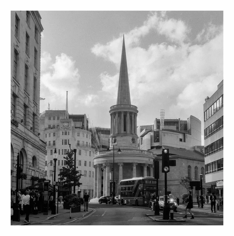 All Souls and the BBC shot on Kentmere Kentmere 200 with a Rolleiflex 2.8F, developed at Home / Self-Developed, by Stuart Leeds
