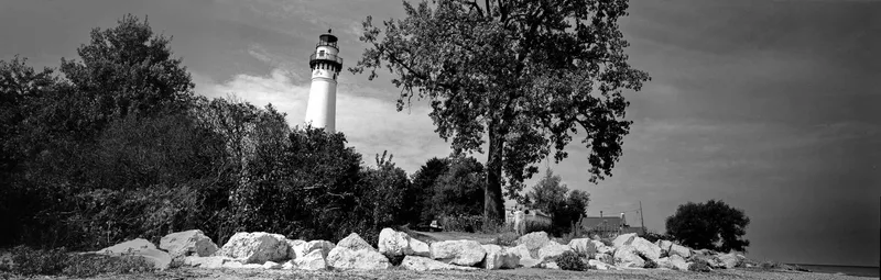 Wind Point Lighthouse and Man with Phone Camera shot on CatLABS 80 MKII with a Kraken 6173DPrintedCamera, developed at Home / Self-Developed, by Scott Zempel