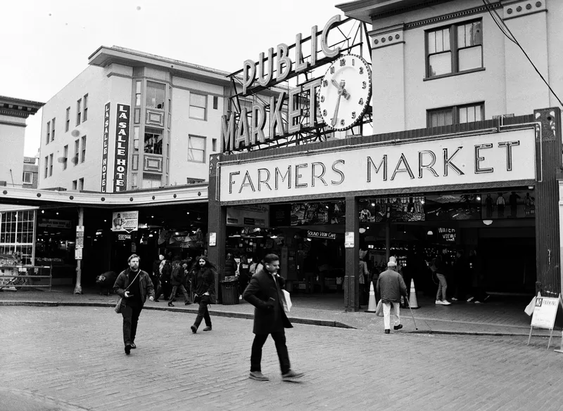 Pike Place Market shot on Kodak T-Max 400 with a Mamiya 645 1000S, developed at Shot on Film Store, by Jacob Malpocker