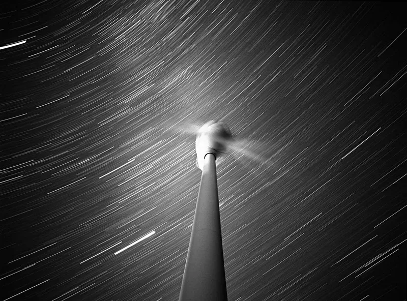 wind turbine at night shot on Fujifilm Neopan Acros 100 with a Mamiya 645, developed at Home / Self-Developed, by Rick