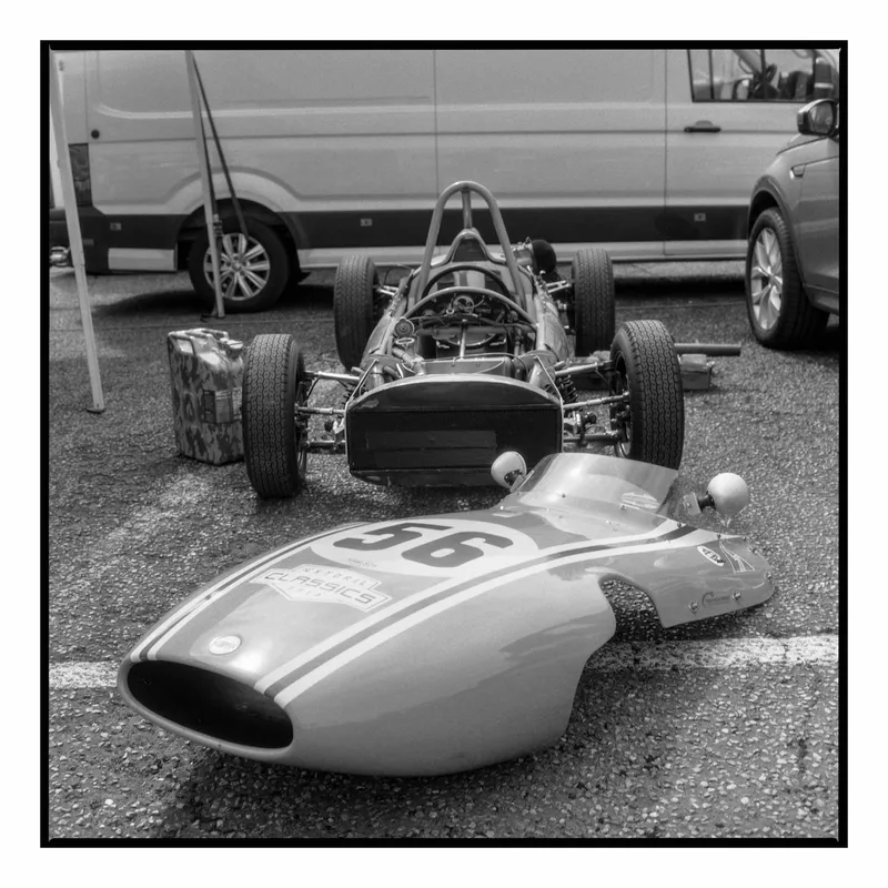 Cooper T56 almost ready to race shot on Kentmere Kentmere 200 with a Rolleiflex 2.8F, developed at Home / Self-Developed, by Stuart Leeds