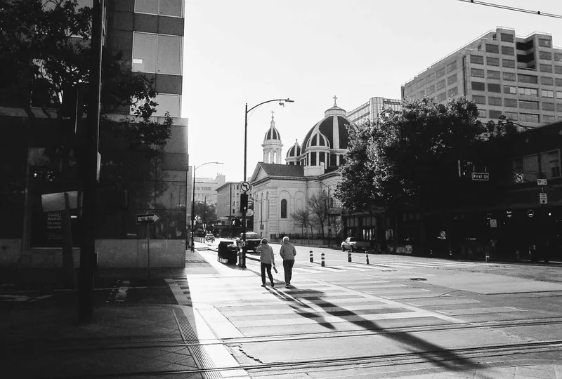 Cathedral Basilica of St. Joseph shot on Ilford HP5 Plus 400 with a Olympus OM-1N, developed at Foto Express, by Yashraj