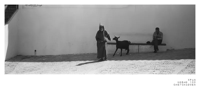 Man and Goat shot on Kosmo Foto Mono 100 with a Hasselblad Xpan, developed at Take It Easy, by simone zuccarini