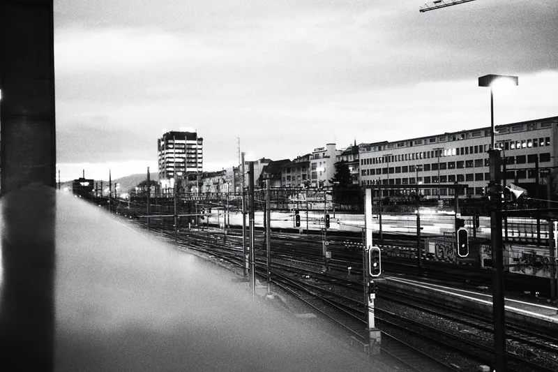 Train tracks shot on Ilford HP5 Plus 400 with a Olympus Mju Zoom 140, developed at DM Fotoparadies, by PhotosByTim
