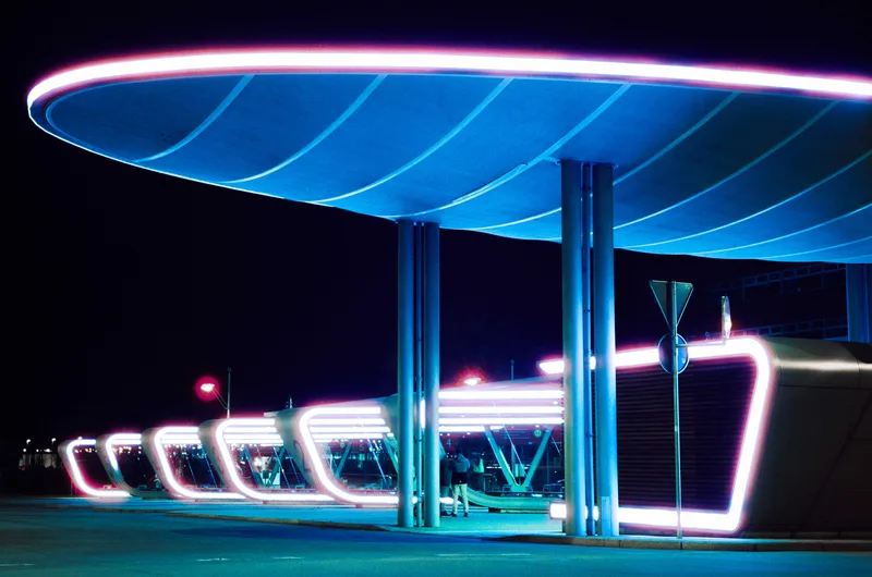 ZOB Halle rescanned shot on Cinestill 800T with a Leica MDa, developed at Urbanfilmlab, by Nathan