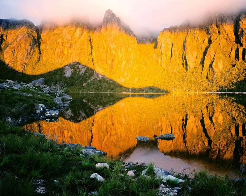 MIST AND REFLECTIONS AT SUNRISE, FRANKLIN-GORDON WILD RIVERS NATIONAL PARK, TASMANIA shot on Fujifilm Velvia 50 with a Intrepid 4x5 MK4, developed at Home / Self-Developed, by Will Camp