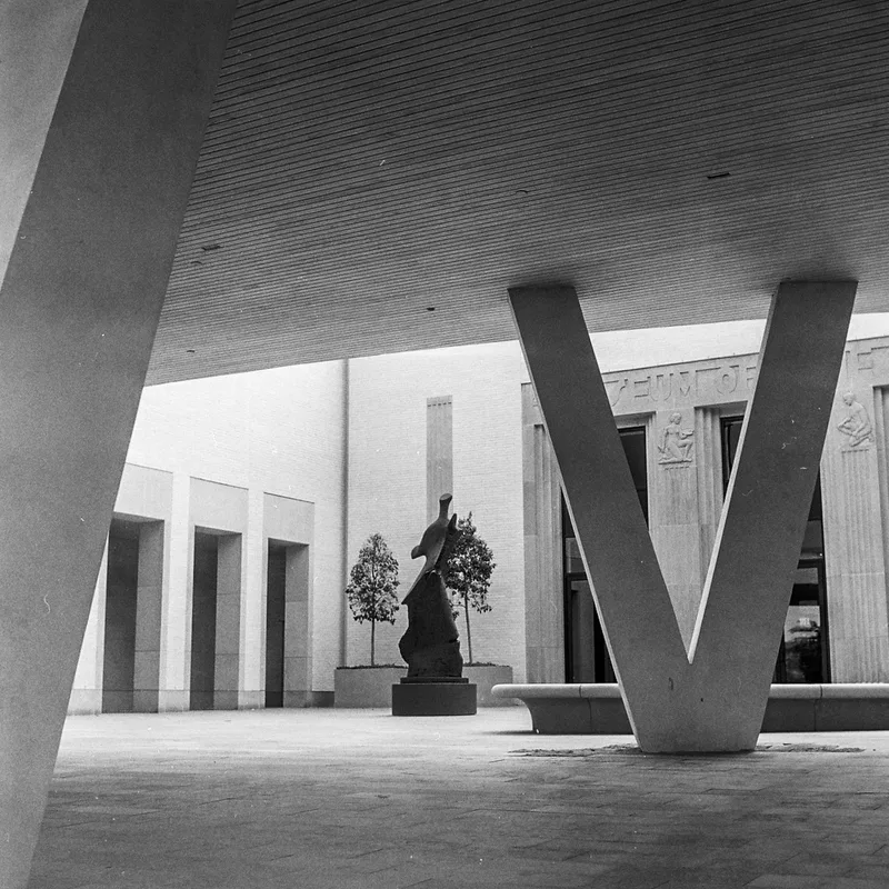 The Henry Moore. Arkansas Museum of Fine Art. Little Rock, Arkansas. 2026. shot on Ilford Kentmere Pan 400 with a Yashica Mat EM, developed at Bedford Camera & Video, by BradSimsPhoto