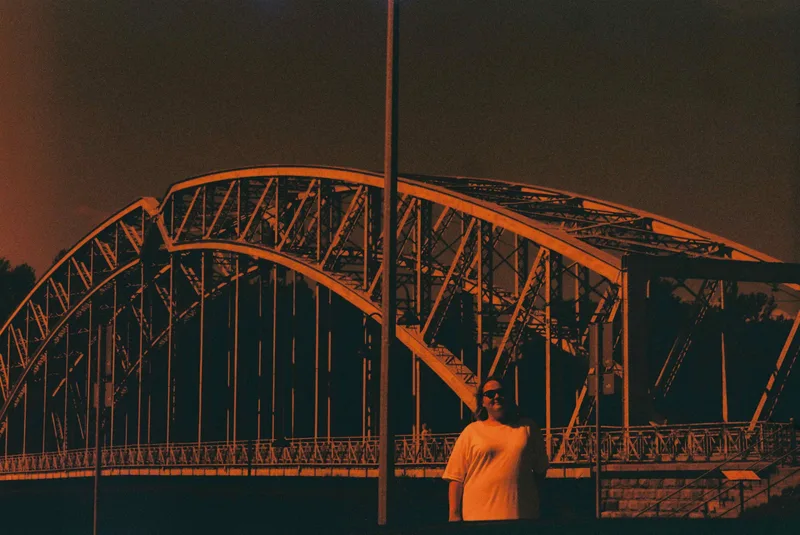 Red at the Belyubsky Bridge shot on Kono! Rotwild 400 with a Zenit E, developed at Format FilmLab, by Alexander
