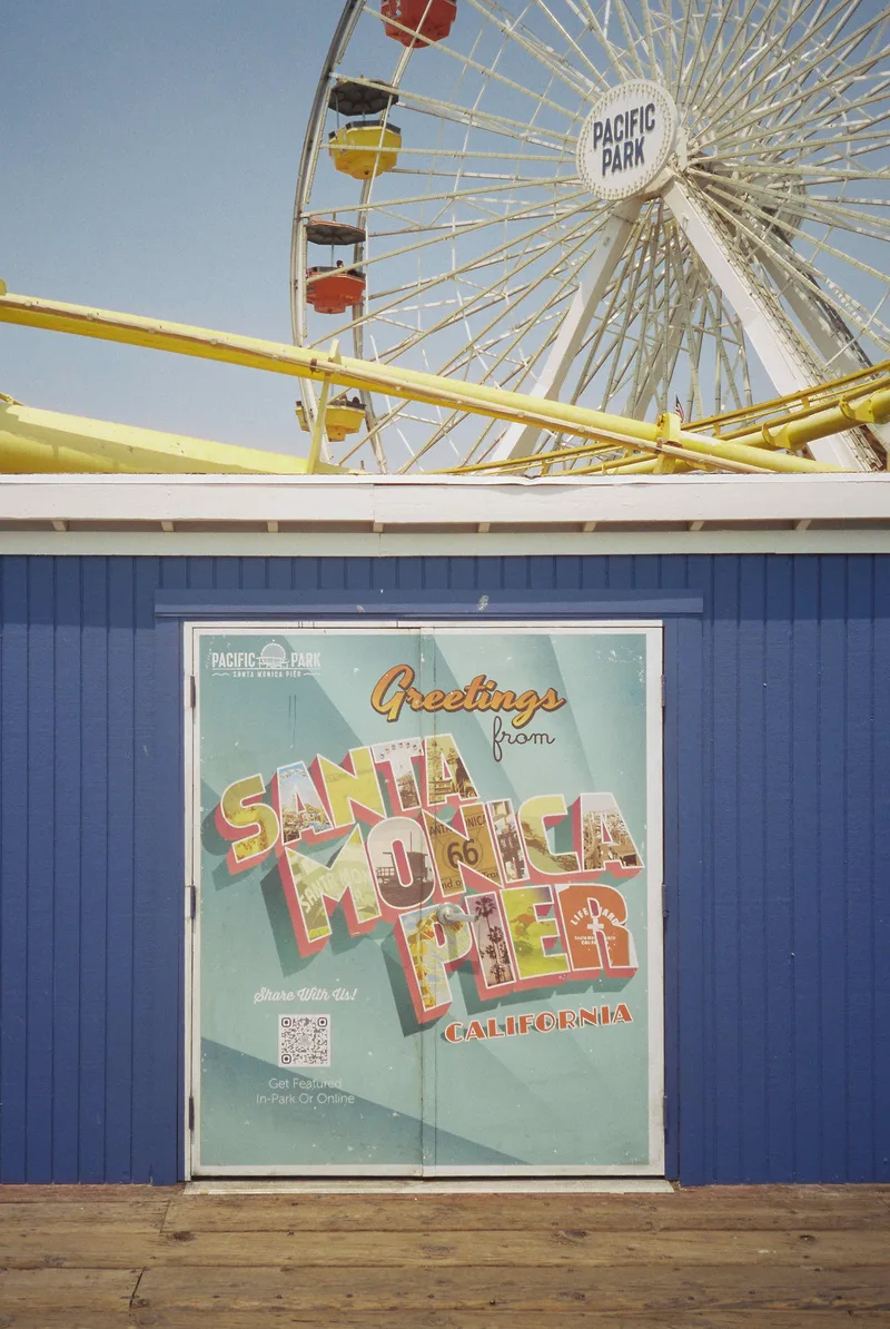 Greetings from Santa Monica Pier shot on Cinestill 50D with a Olympus XA3, developed at Legacy Film Lab, by Clint