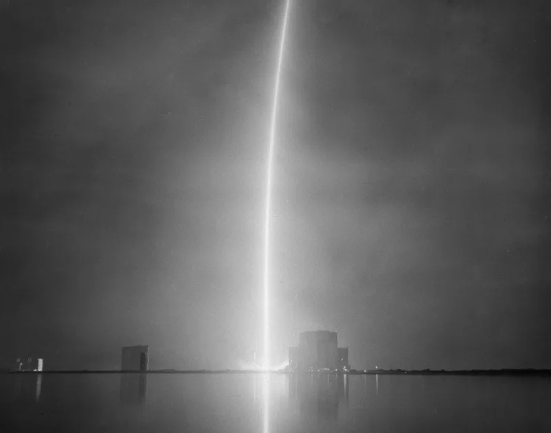 Long exposure of Falcon 9 launching Ovzon 3 shot on Shanghai GP3 with a Graflex Crown Graphic, developed at Home / Self-Developed, by Kyle Montgomery