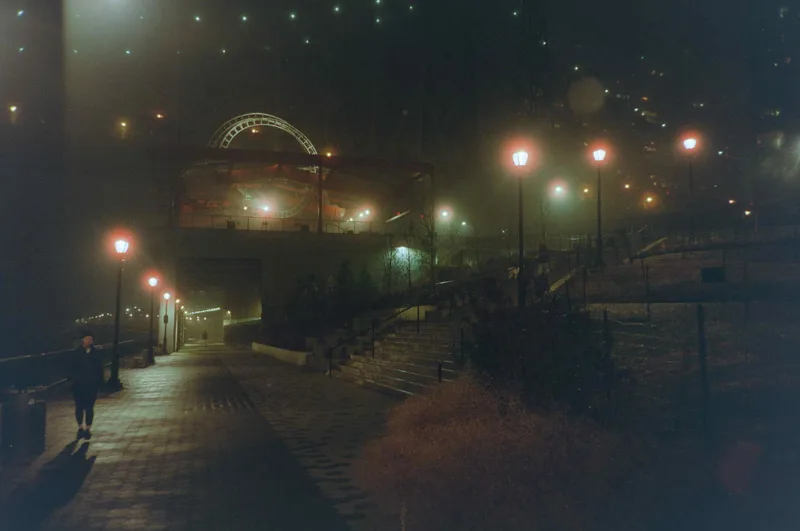 Foggy night by the East River shot on Cinestill 400D with a Konica Big Mini, developed at Bleeker Digital Solutions, by J Isles