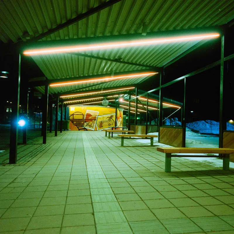 Bus station shot on Cinestill 800T with a Hasselblad 500C/M, developed at Team Framkallning, by One_more_roll