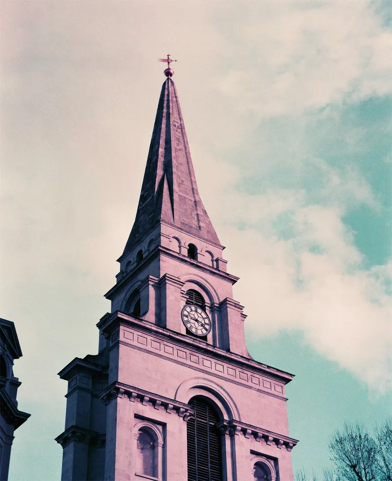 Christ Church Spitalfields shot on Lomography LomoChrome Purple 100 with a Mamiya RB67 Pro SD, developed at Print Point, by AMI/アミ