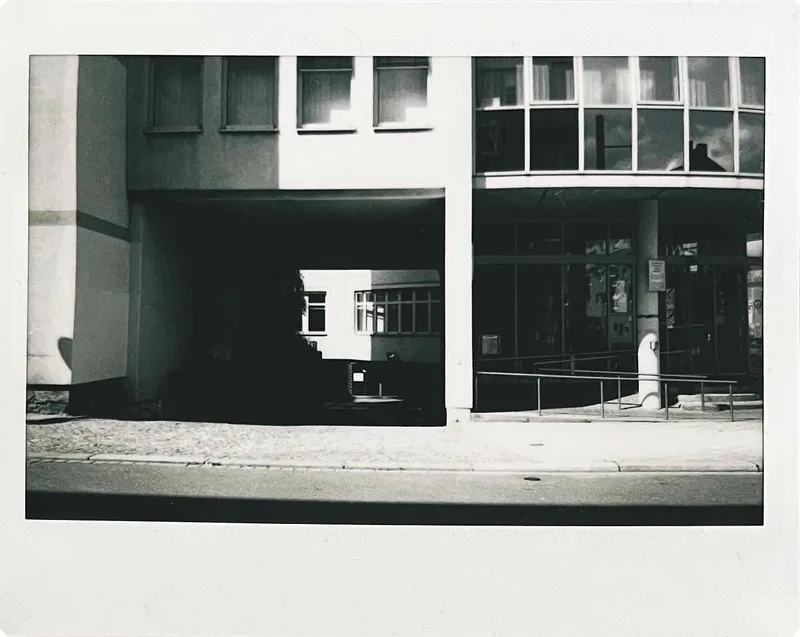 Driveway shot on Fujifilm Instax Wide Monochrome with a Fujifilm Instax Wide 300, by Nathan