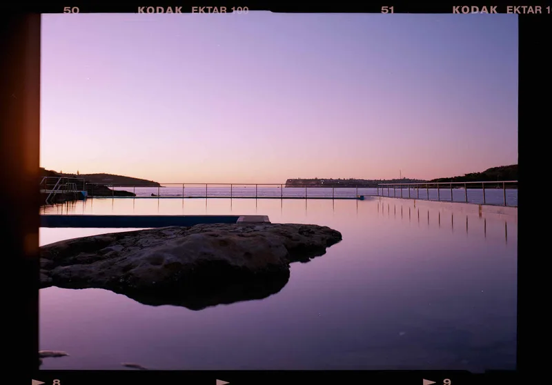 Fairlight Pool Dawn shot on Kodak Ektar 100 with a Toyo View 45C, developed at Rewind Photo Lab, by Ross McLennan