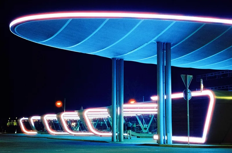 neon bus hub shot on Cinestill 800T with a Leica MDa, developed at Safelight, by Nathan