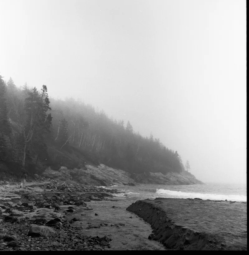 fog rolls through, sandy beach, acadia national park, maine shot on Kodak Tri-X 400 with a Rolleiflex Automat, developed at Home / Self-Developed, by Eric Wefald - Huang