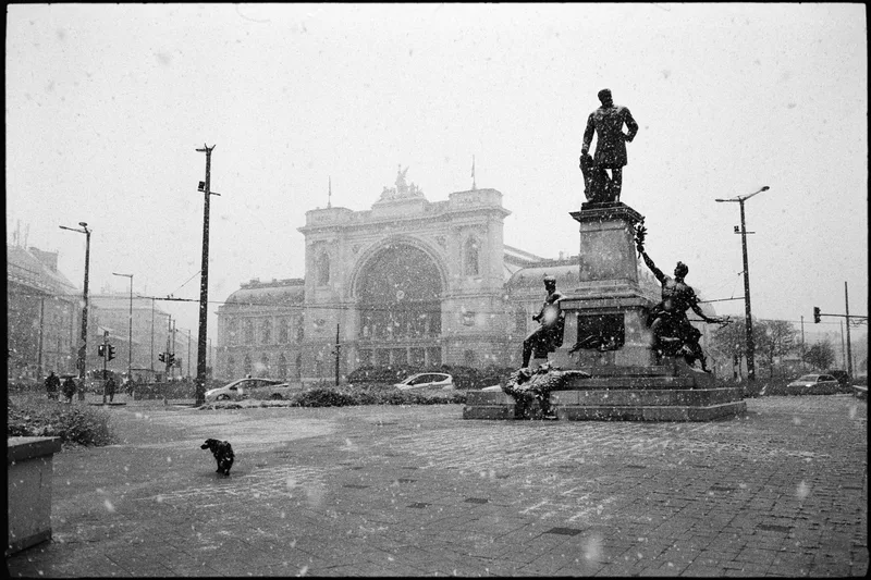Keleti in the snow shot on Ilford Delta 400 with a Leica M4-P, developed at Home / Self-Developed, by Vitéz Ádám