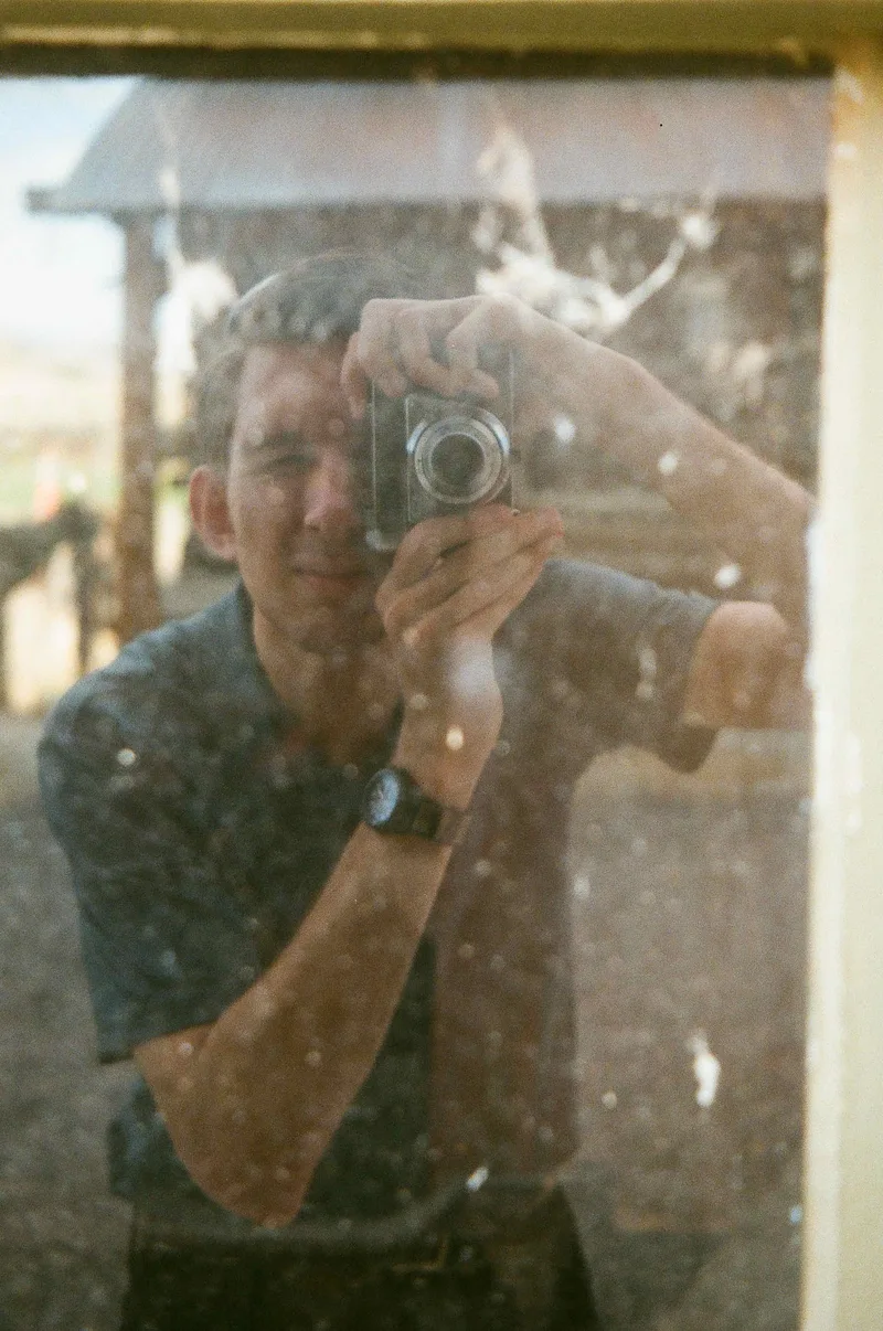 First selfie with my Retinette shot on Fujifilm Pro 400H with a Kodak Retinette1A, developed at The DarkRoom, by Gunnison Clamp