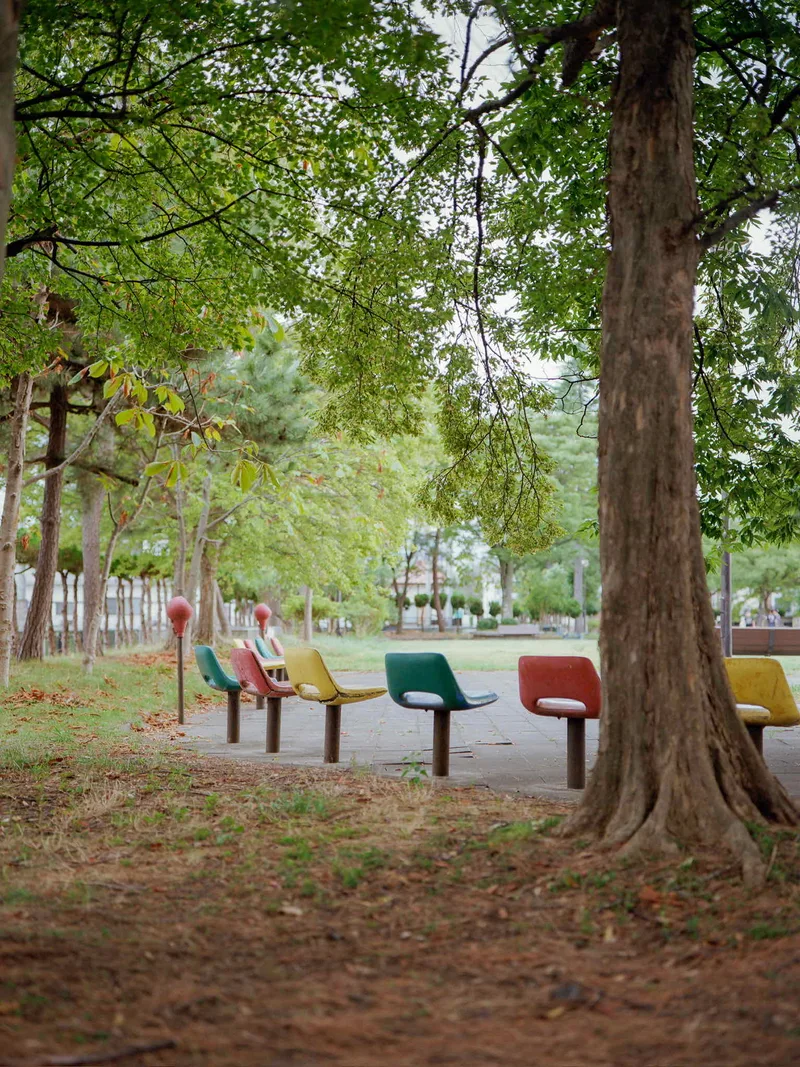 Colored seats shot on Kodak Gold 200 with a Fujifilm GW690II, developed at National Photo, by Nicolas Datiche