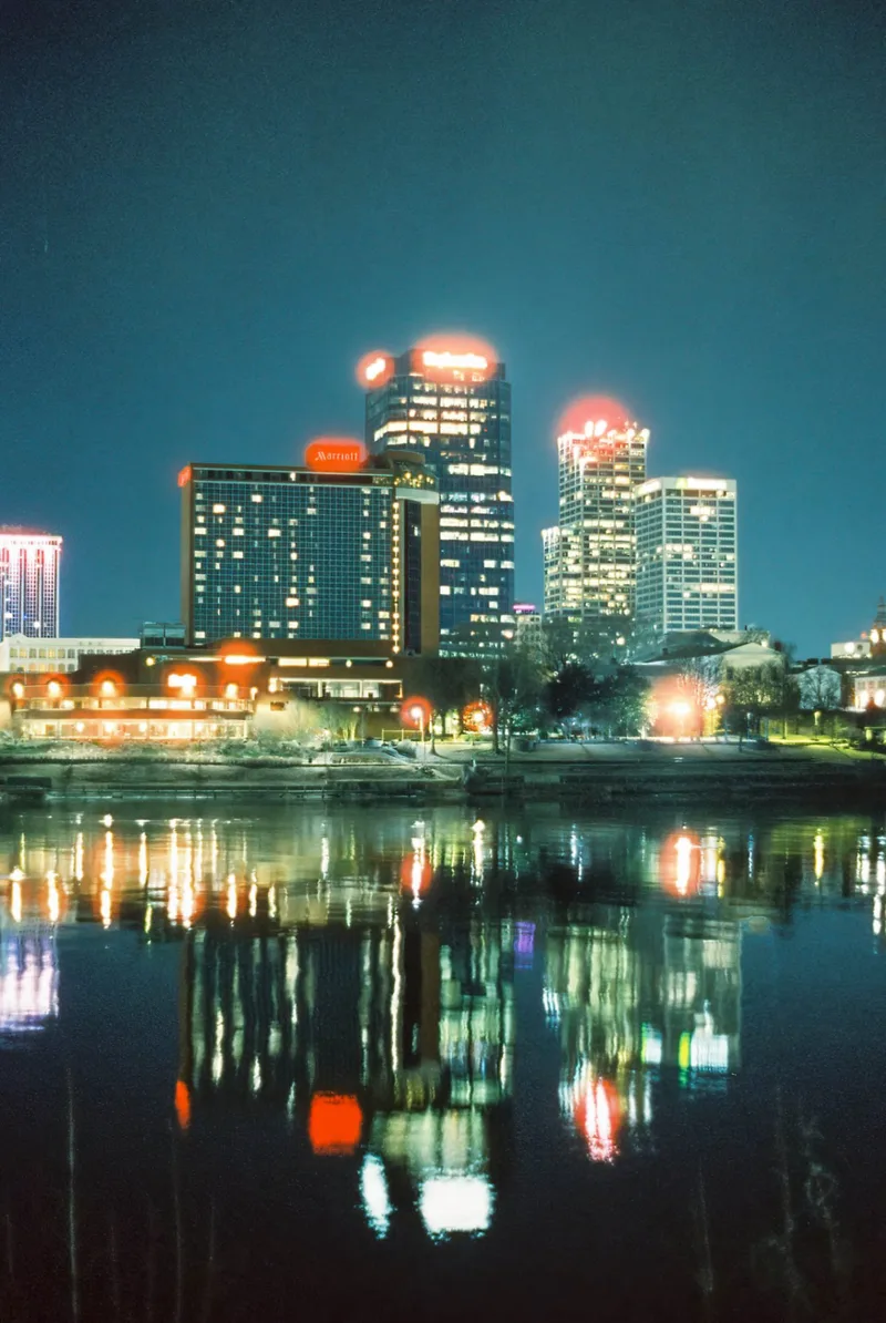 River Night. Little Rock, Arkansas. 2025. shot on Cinestill 800T with a Minolta X-570, by BradSimsPhoto