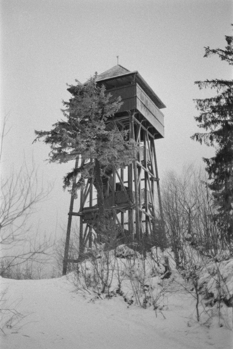 the tower shot on Ilford Delta 400 with a Nikon FM2, developed at Home / Self-Developed, by Chris
