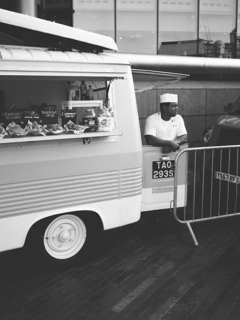 Food cart shot on Fujifilm Neopan Acros 100 II with a Pentax 17, developed at London Film Lab, by Tom Page